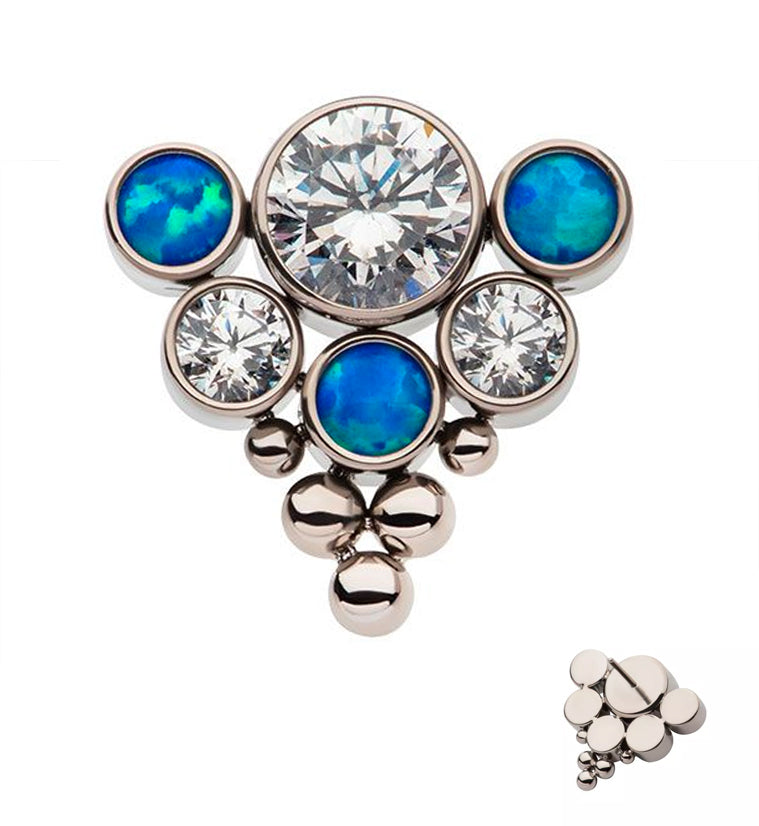 Beaded Hexad Blue Opalite and Clear CZ Threadless Titanium Top