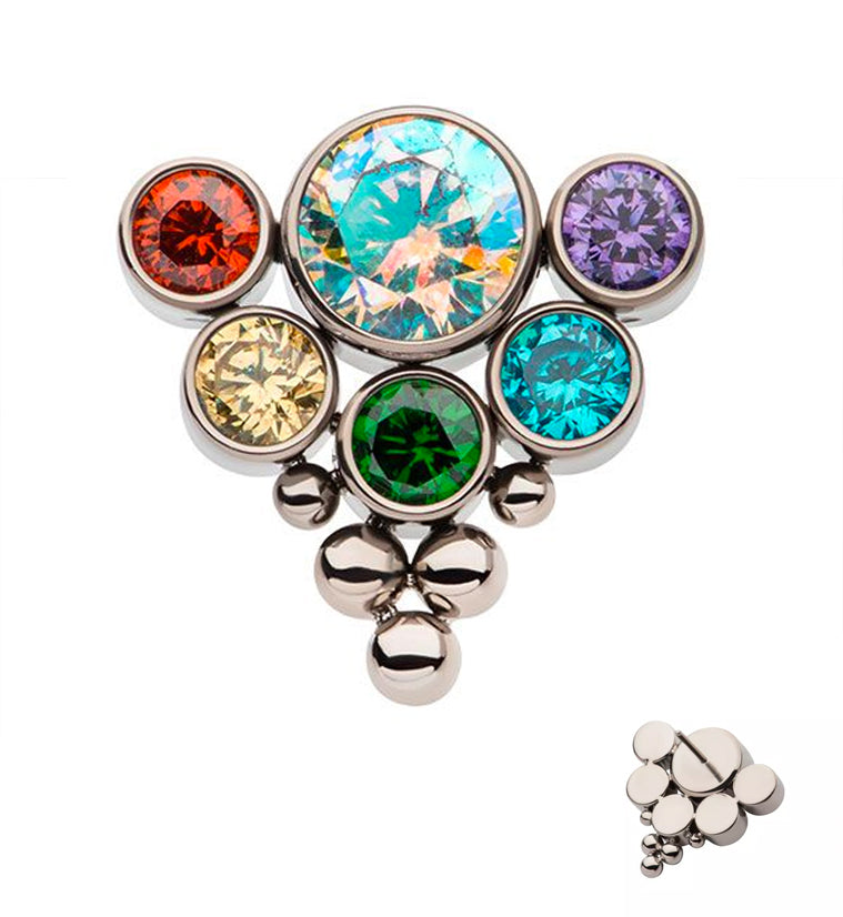 Beaded Hexad Rainbow CZ Threadless Titanium Top