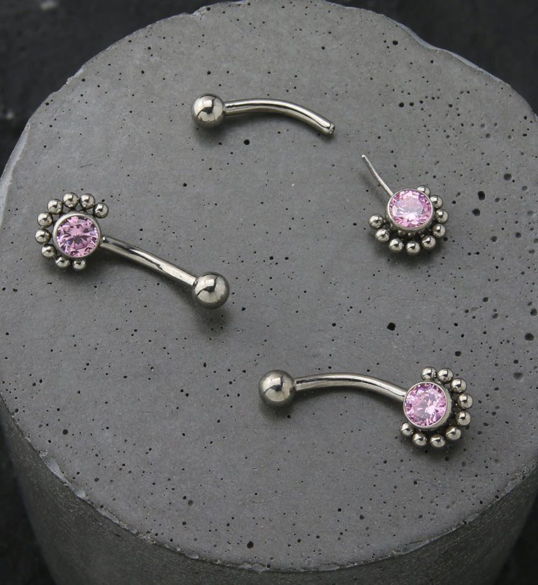 Beaded Pink CZ Titanium Threadless Curved Barbell