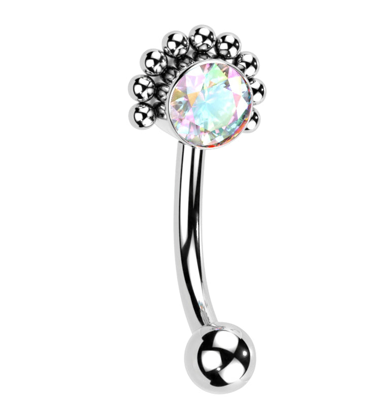 Beaded Rainbow Aurora CZ Titanium Threadless Curved Barbell