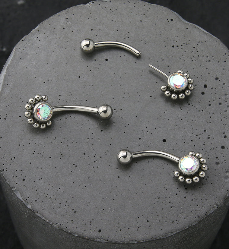 Beaded Rainbow Aurora CZ Titanium Threadless Curved Barbell
