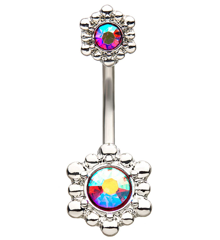 Trickle Bead Rainbow Aurora CZ Belly Button Ring