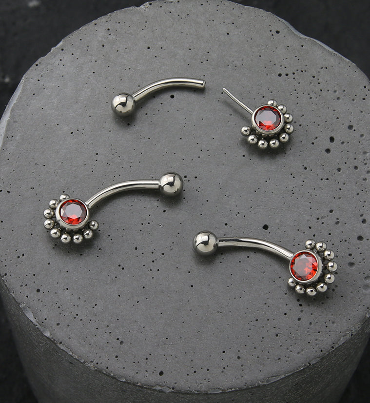 Beaded Red CZ Titanium Threadless Curved Barbell