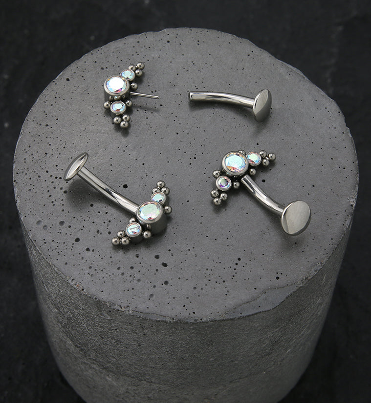 Beaded Triple Rainbow Aurora CZ Titanium Threadless Floating Belly Button Ring