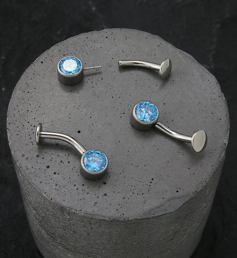 Bezel Aqua CZ Titanium Threadless Floating Belly Button Ring