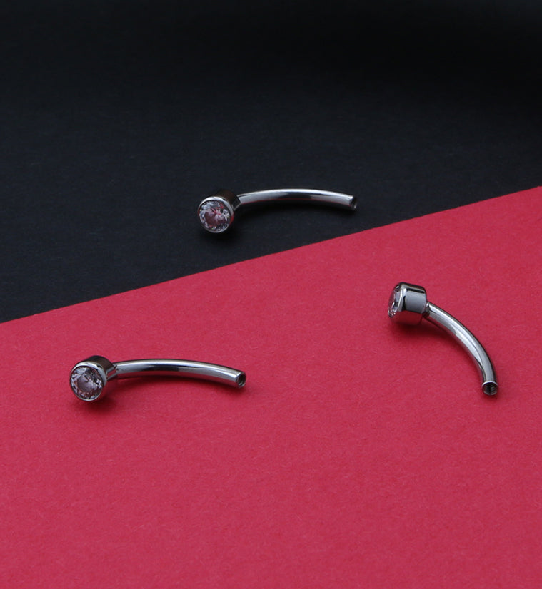 Bezel Set CZ Gem Disk Titanium Curved Threadless Barbell