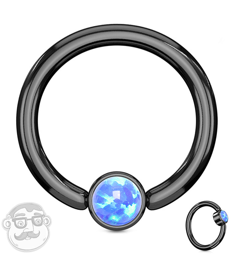 Black PVD Blue Opalite Flat Disk Captive Ring