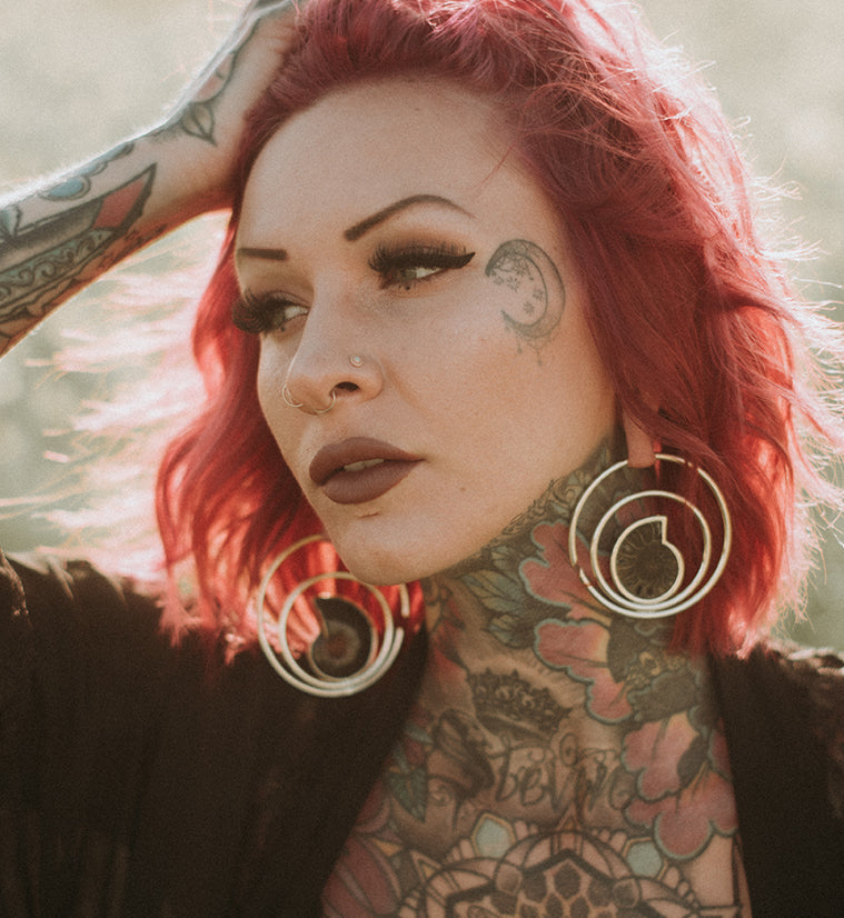 Black Ammonite Fossil Double Hoop Ear Weights