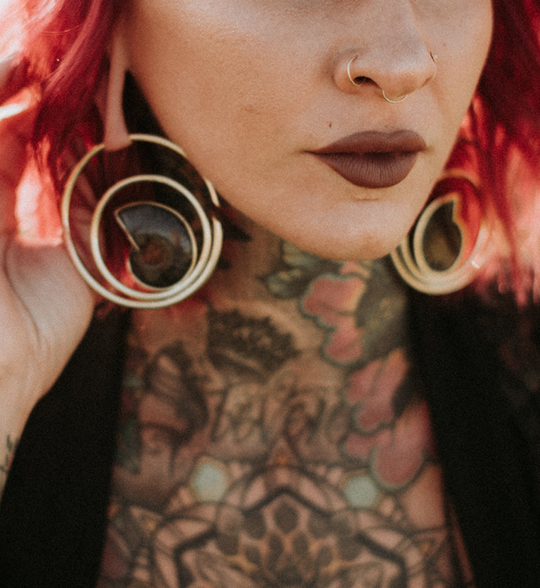 Black Ammonite Fossil Double Hoop Ear Weights