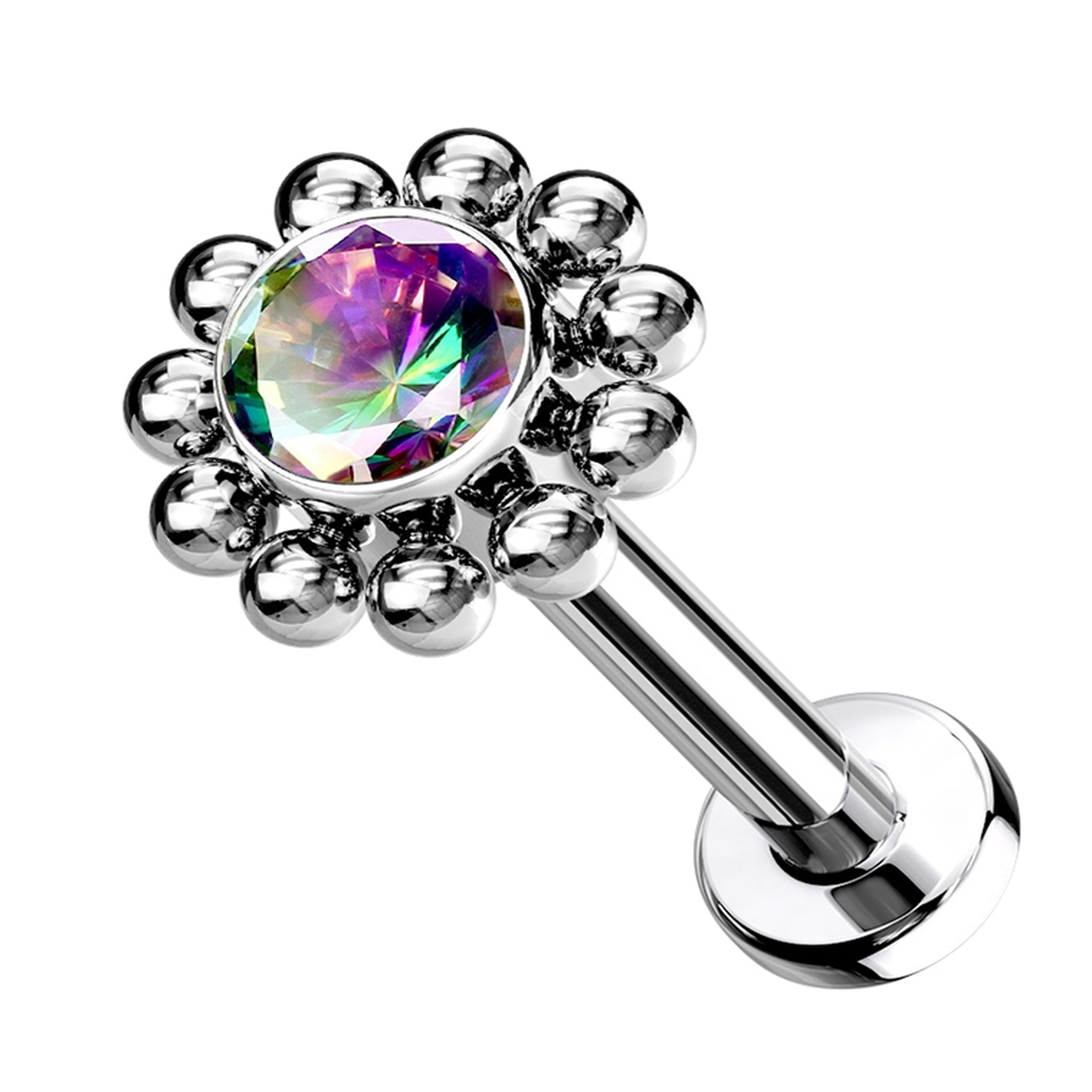 Beaded Verge Black Aurora CZ Titanium Threadless Labret