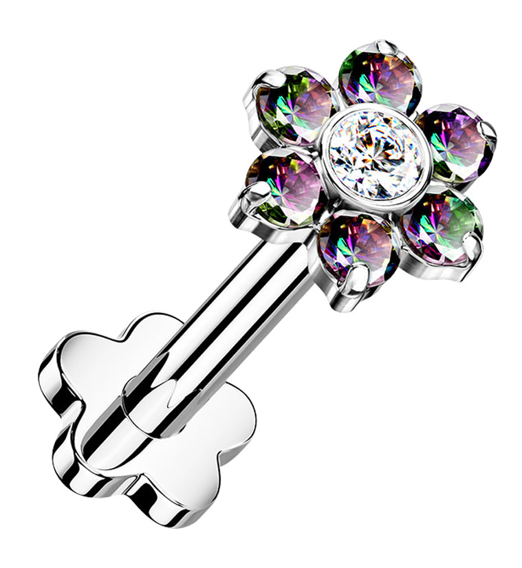 Black Aurora CZ Flower Titanium Threadless Labret