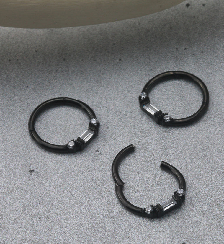 Black PVD Round & Baguette CZ Beaded Hinged Segment Ring
