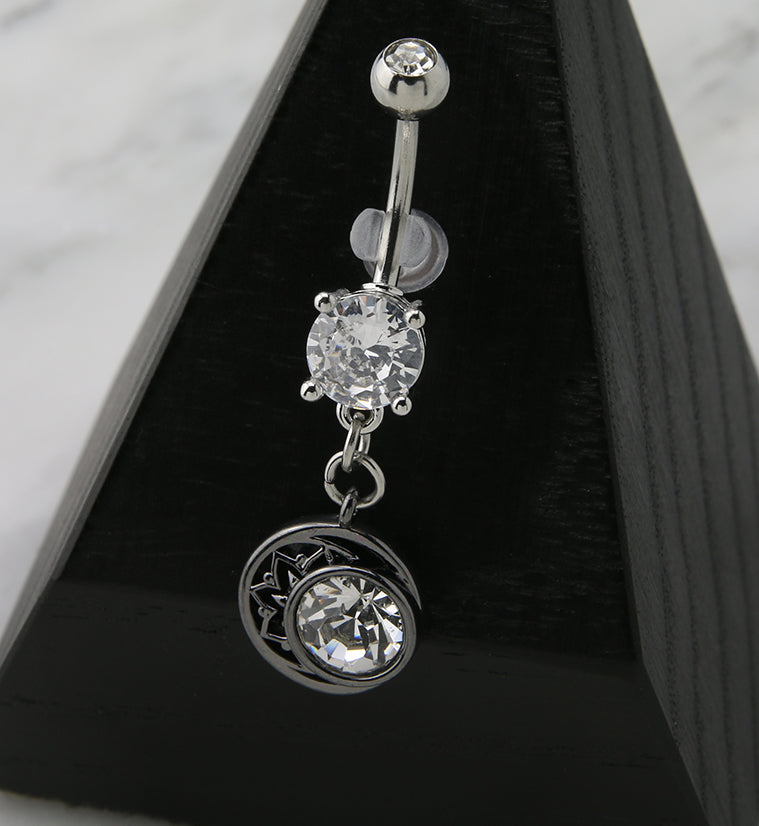 Black Crescent Moon Clear CZ Dangle Belly Button Ring