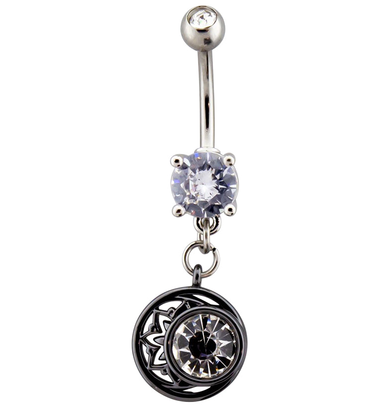 Black Crescent Moon Clear CZ Dangle Belly Button Ring