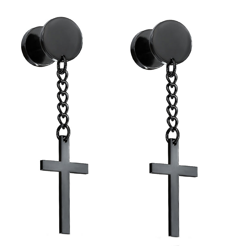 16G Black Dangle Cross Fake Plugs