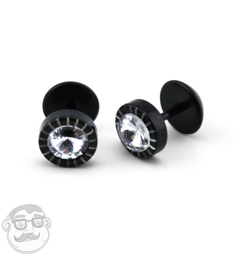 16G PVD Black CZ Stud Fake Plugs / Gauges