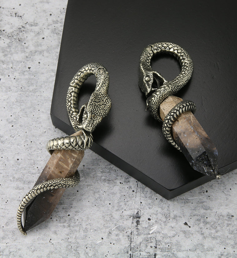 Black Flame Petrified Palm Root Cobra White Brass Hinged Ear Weights