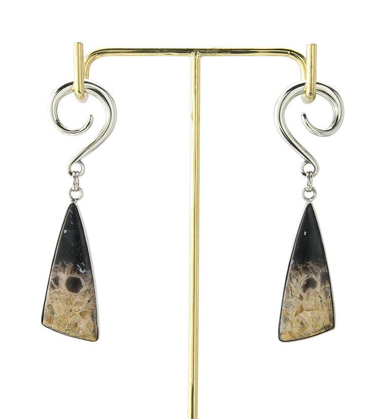 Black Flame Petrified Palm Root Stone White Brass Ear Weights Version 3