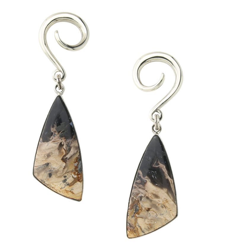 Black Flame Petrified Palm Root Stone White Brass Ear Weights Version 4