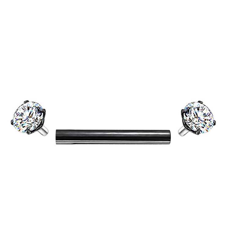Black PVD Double Square CZ Prong Set Stainless Steel Barbell