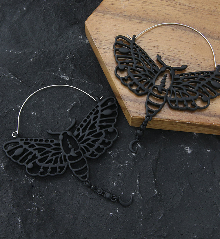 Black Luna Moth Dangle Moon Stainless Steel Plug Hoops
