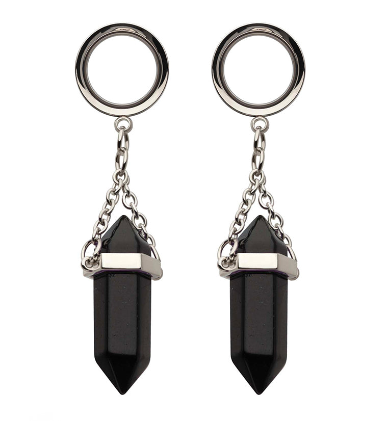 Black Obsidian Crystal Dangle Stainless Steel Tunnel Plugs (2G - 5/8
