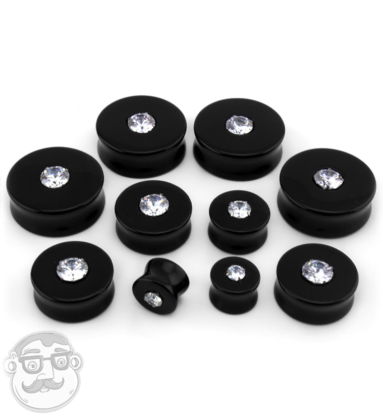 Stunning Obsidian Stone Plugs with CZ Inlay (1/2" 1 & 1/4" Inch