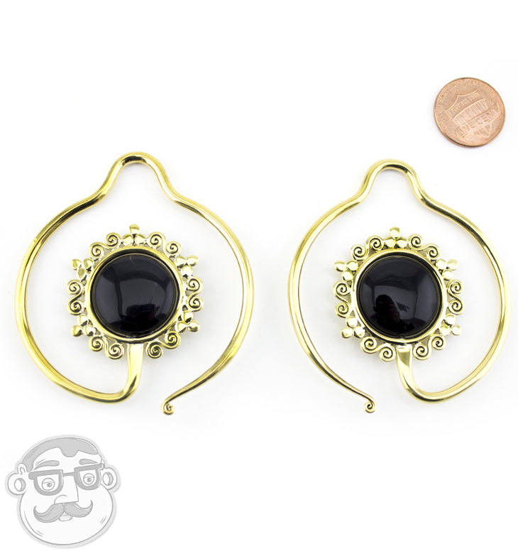 Brass Earrings With Black Obsidian Stone Inlay by Urban Body Jewelry