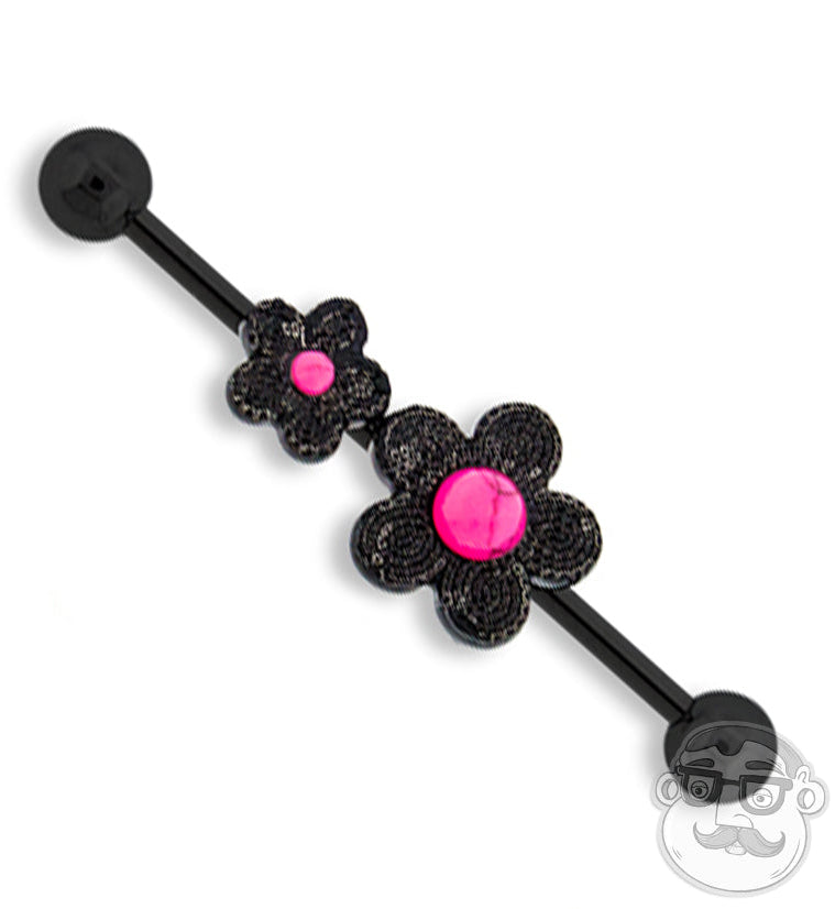 Black Flower with Pink Howlite Stone Industrial Barbell
