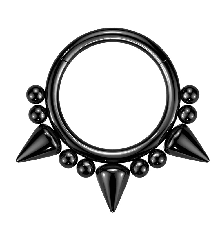 Black PVD Beaded Mini Spike Stainless Steel Hinged Segment Ring