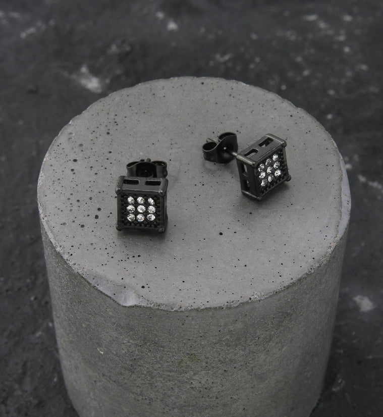 Black PVD Block Clear CZ Stainless Steel Stud Earrings