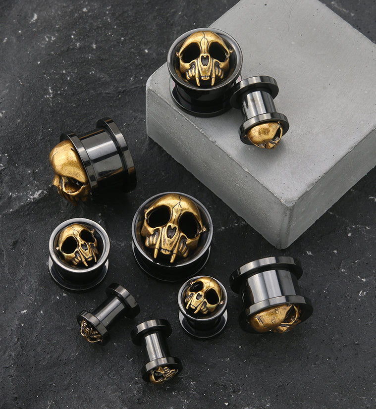 Black PVD Brass Vampire Skull Stainless Steel Tunnel Plugs