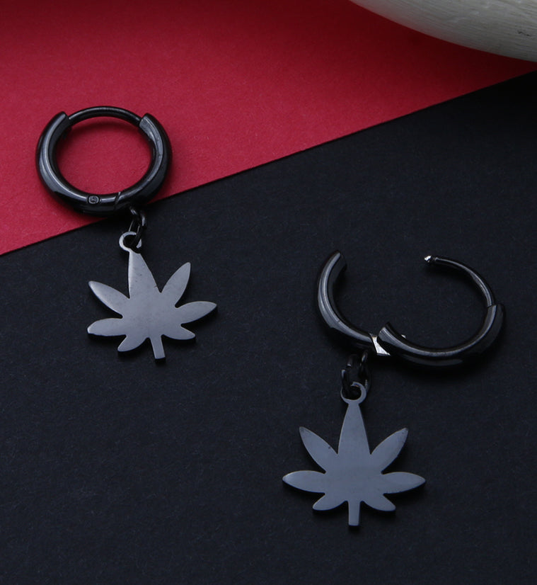 Black PVD Cannabis Stainless Steel Hinged Earrings