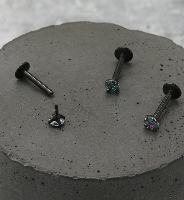 Black PVD Black Aurora CZ Prong Labret Stud (Convex Disk)