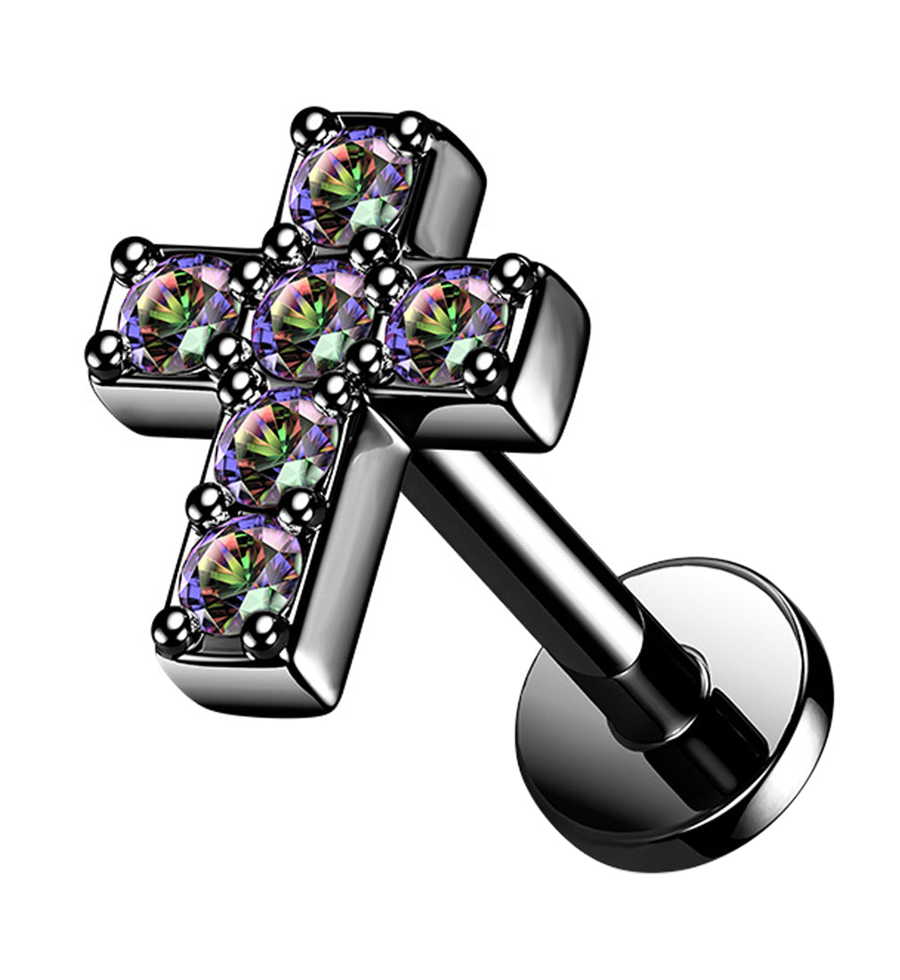 Black PVD Cross Aura CZ Gem Labret Post