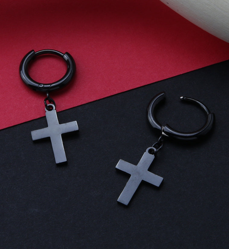 Black PVD Cross Stainless Steel Hinged Earrings