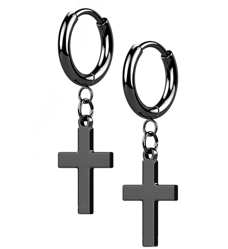 Black PVD Cross Stainless Steel Hinged Earrings