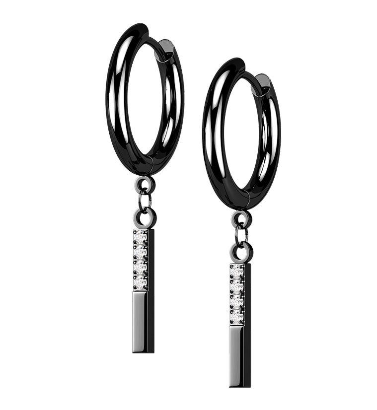 Black PVD Dangle Bar CZ Stainless Steel Hinged Earrings