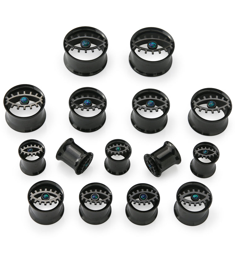 Black PVD Evil Eye Green Opalite Stainless Steel Double Flare Tunnel Plugs