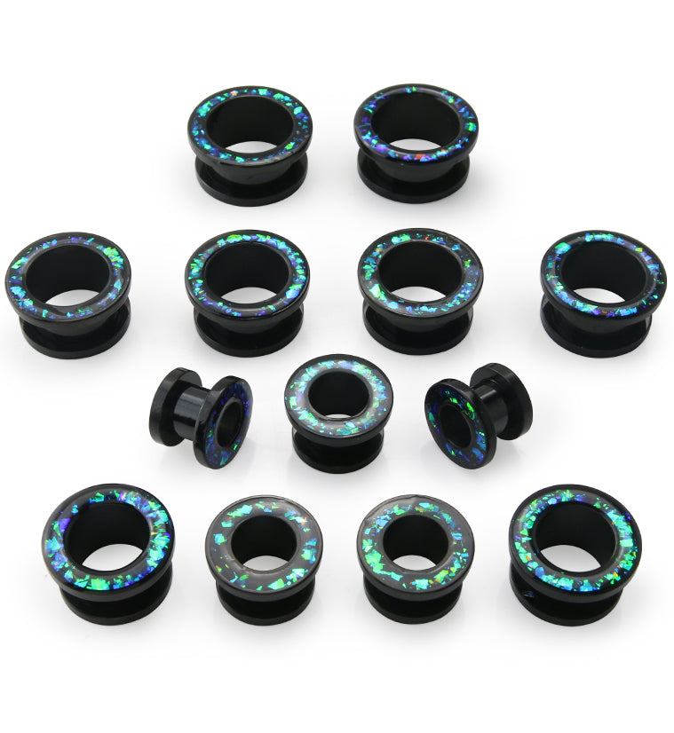 Black PVD Glitter Green Opalite Stainless Steel Screw Back Tunnels