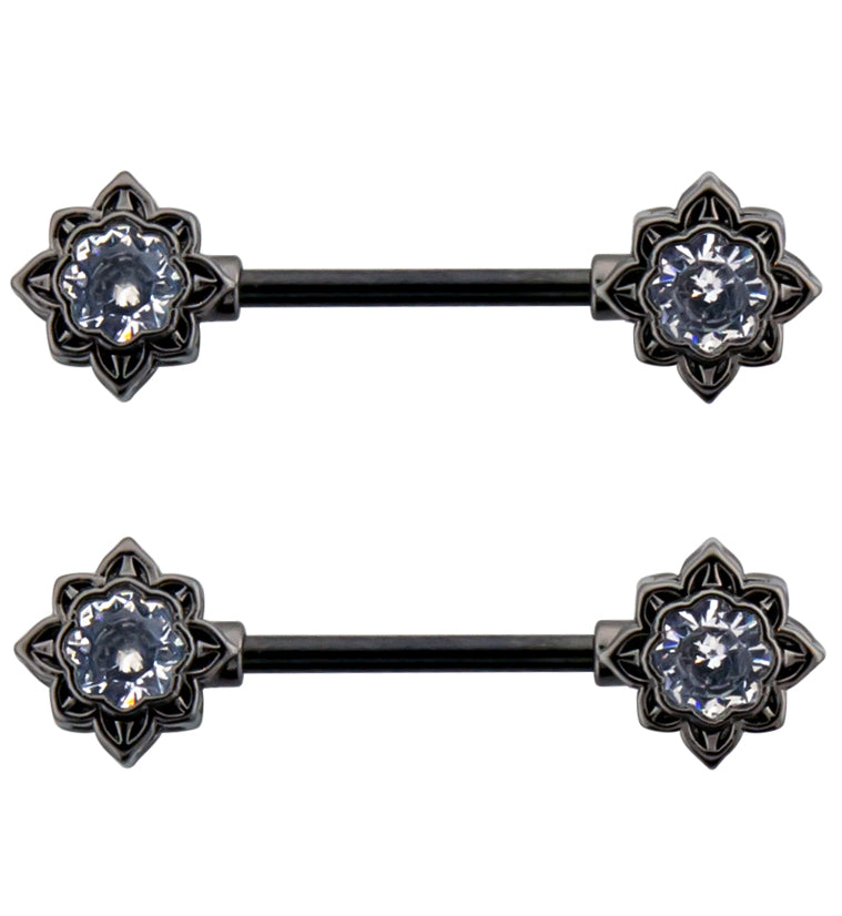 Black PVD Octagram CZ Stainless Steel Nipple Barbell