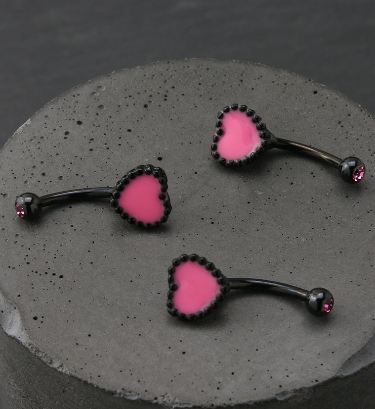 Black PVD Pink Beaded Heart Pink CZ Curved Barbell
