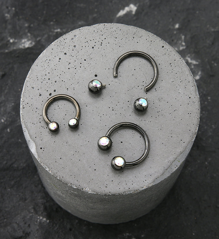 Black PVD Rainbow Aurora CZ Titanium Circular Barbell