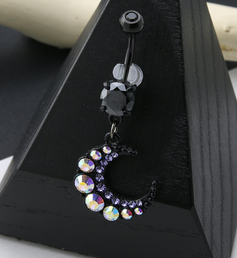 Black PVD Rainbow Aurora CZ Crescent Belly Button Ring