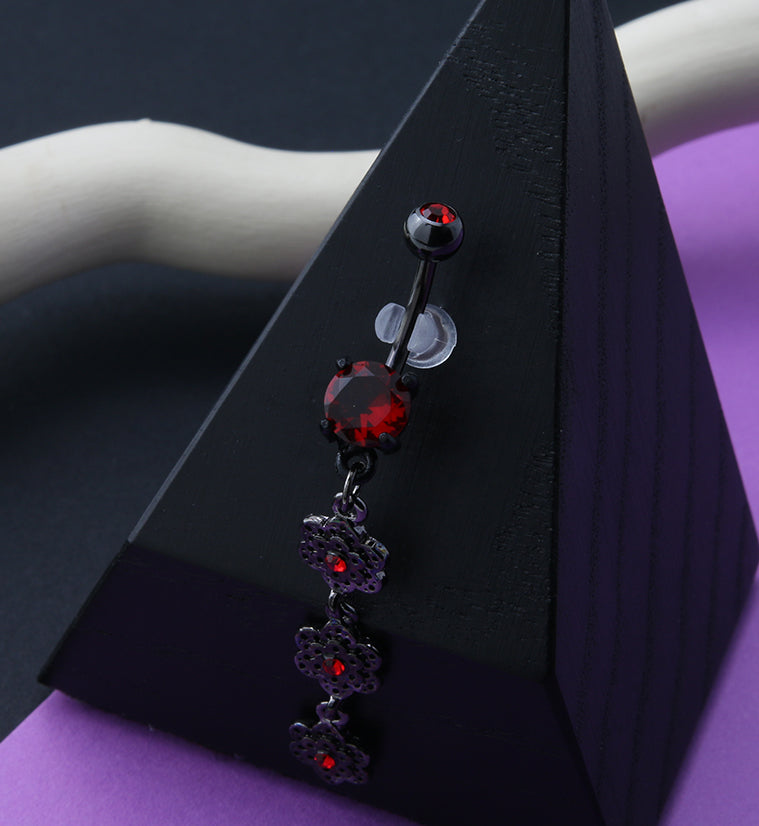 Black PVD Red Flowers Dangle Belly Button Ring