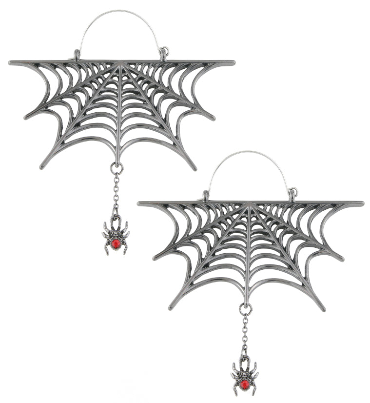 Black PVD Spiderweb Dangle Spider Stainless Steel Plug Hoops