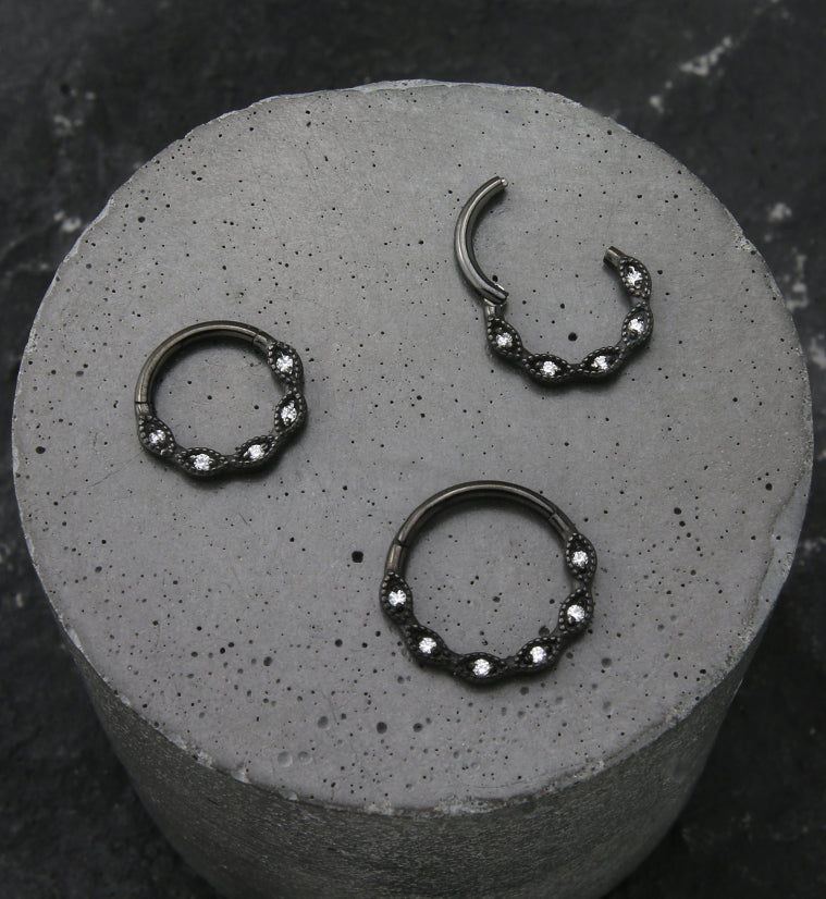 Black PVD Twist Beaded Clear CZ Stainless Steel Hinged Segment Ring