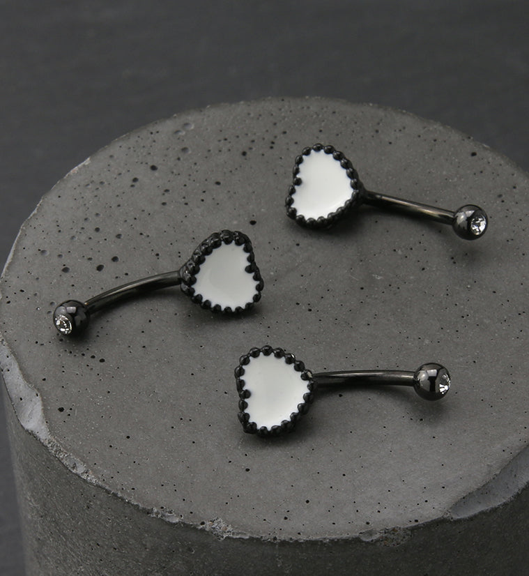 Black PVD White Beaded Heart Clear CZ Curved Barbell