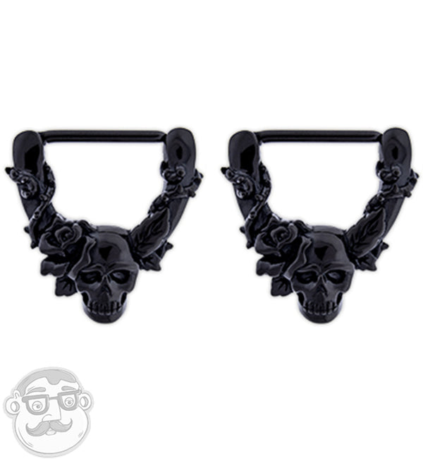 14G Black PVD Skull & Roses Nipple Clicker