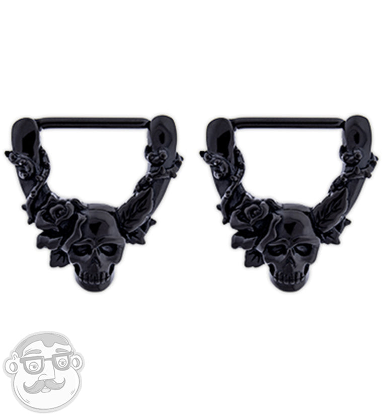14G Black PVD Skull & Roses Nipple Clicker